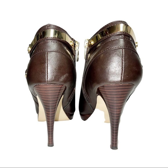 Marc Fisher Dark Brown Blaine3 Faux Leather Gold Accent Booties Size 8 - Picture 7 of 11